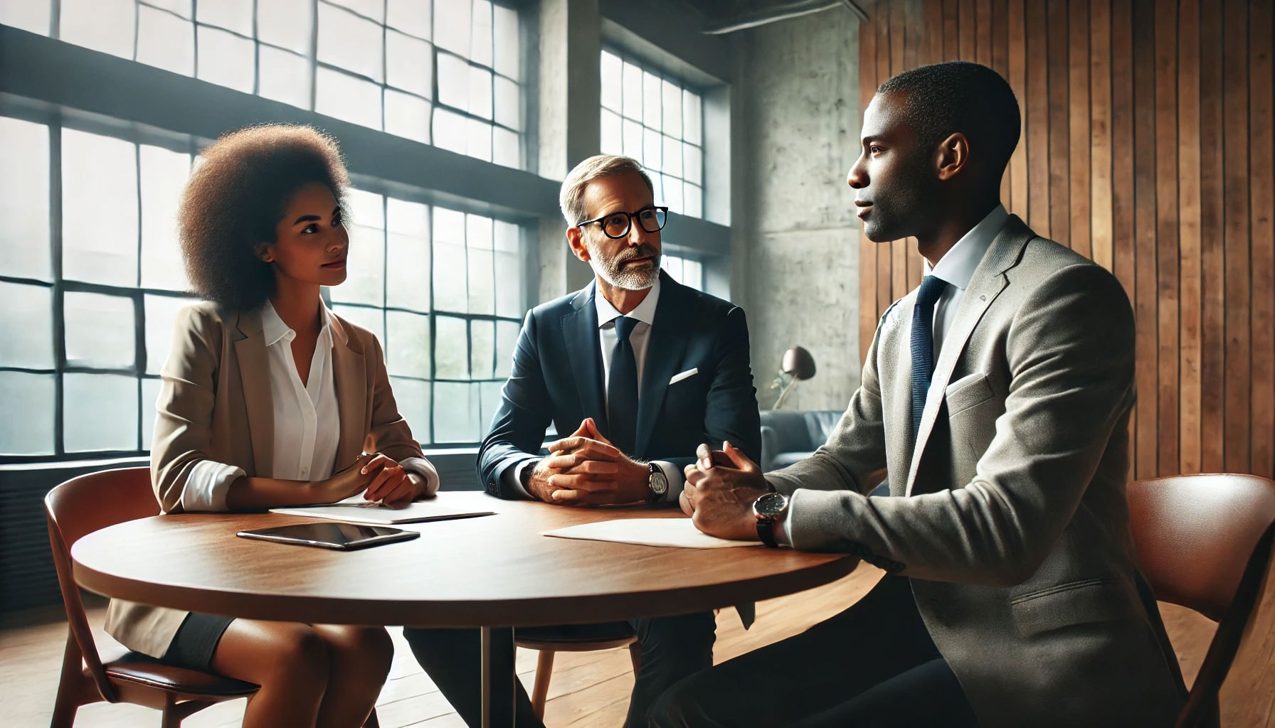 AI ethics are being discussed across all businesses. Three executives sitting at a round table having a discussion.