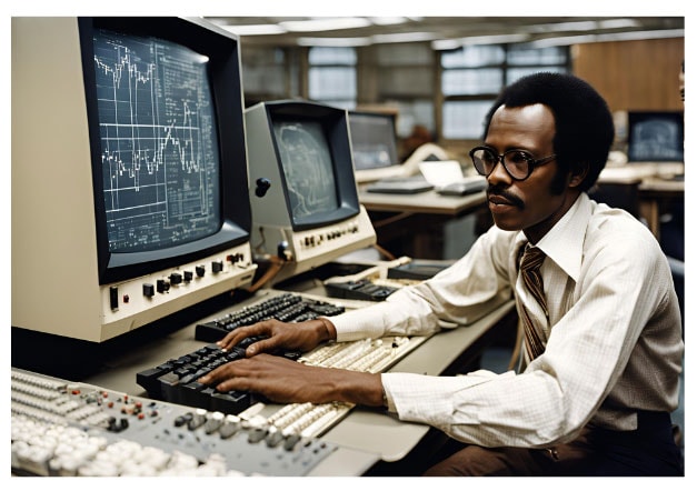 Early AI and Machine Learning algorithms typically could outpace computing power. Computer programmer from the early 1970s working on a mainframe terminal.