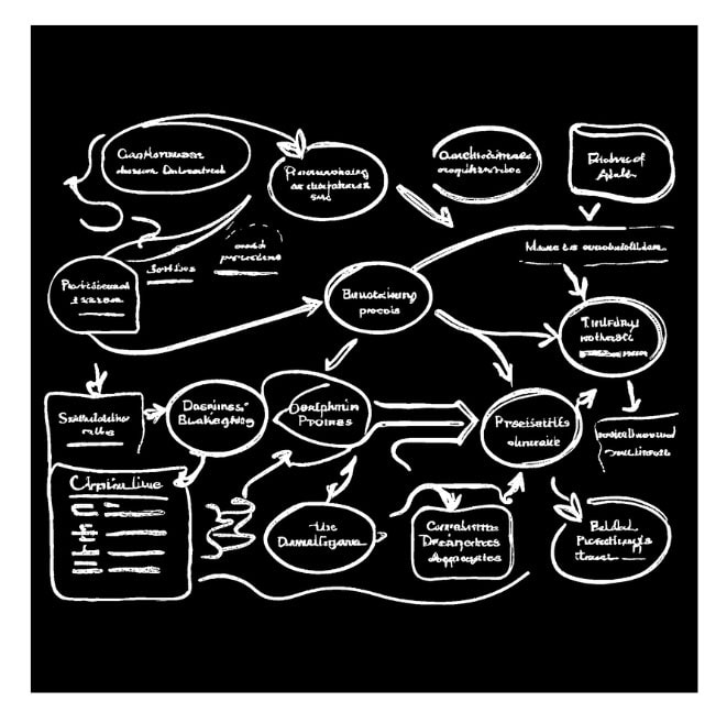 Graphical representation of a blackboard with a process flow diagram sketched upon it.