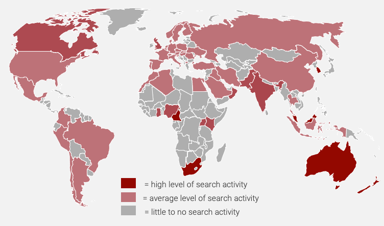 Color-coded world heat map showing countries in shades of red (most intense) and gray for search activity on business transformation