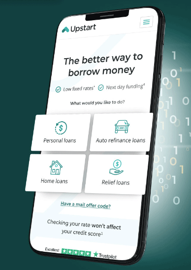 Upstart mobile app showing options for borrowing money, including personal loans, auto refinance loans, home loans, and relief loans.